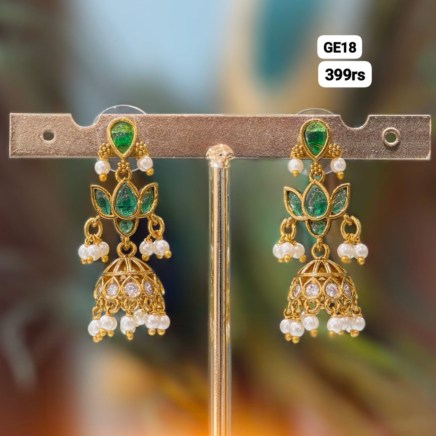 Lotus Butta Earrings (Green Stone)