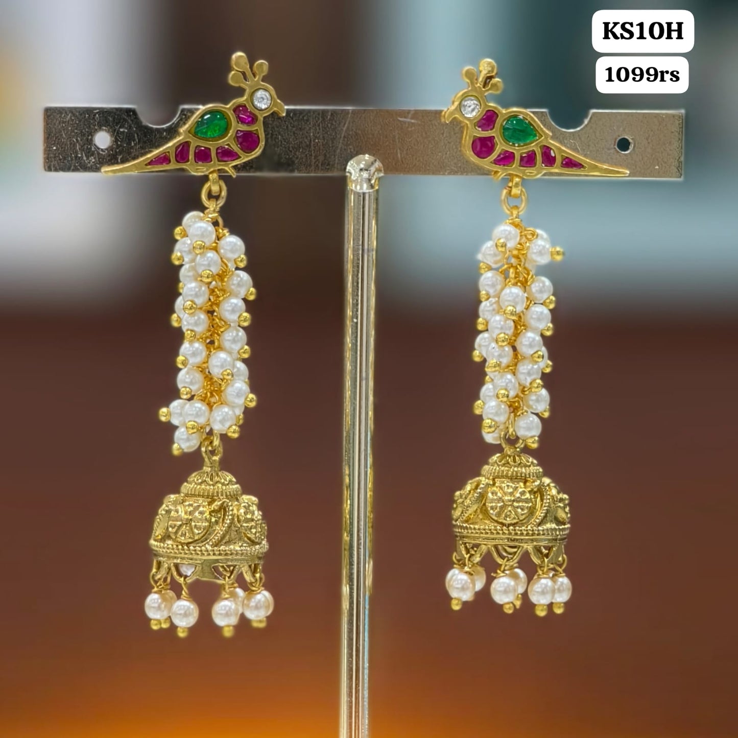 Peacock kundan stud with string earrings