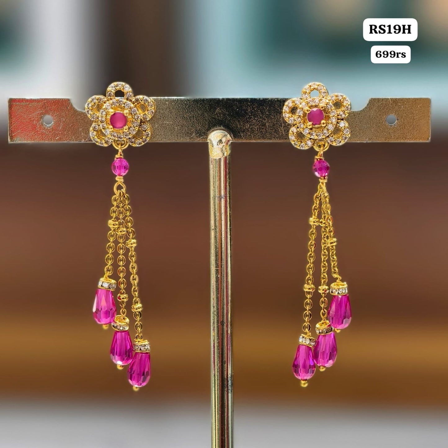String Earrings (pink flower)