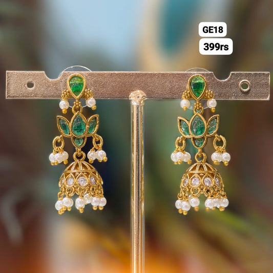 Lotus Butta Earrings (Green Stone)