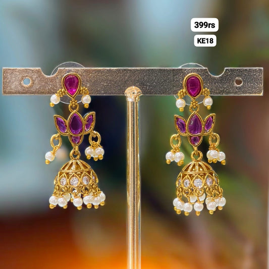 Lotus Butta Earrings (Pink Stone)