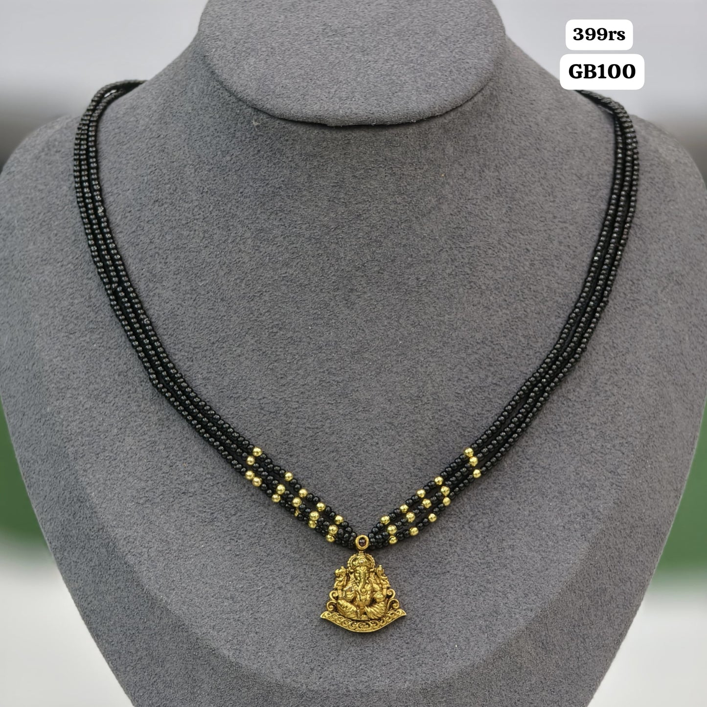 3 Lines Black Beads with Ganesh Pendant