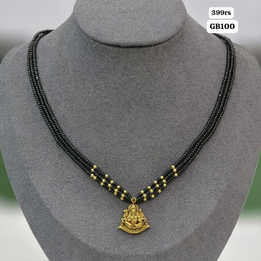 3 Lines Black Beads with Ganesh Pendant