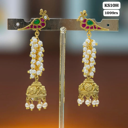 Peacock kundan stud with string earrings