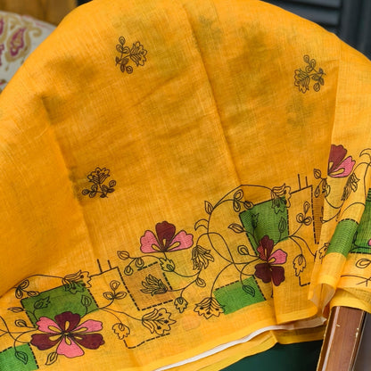 Linen cotton saree (Yellow)