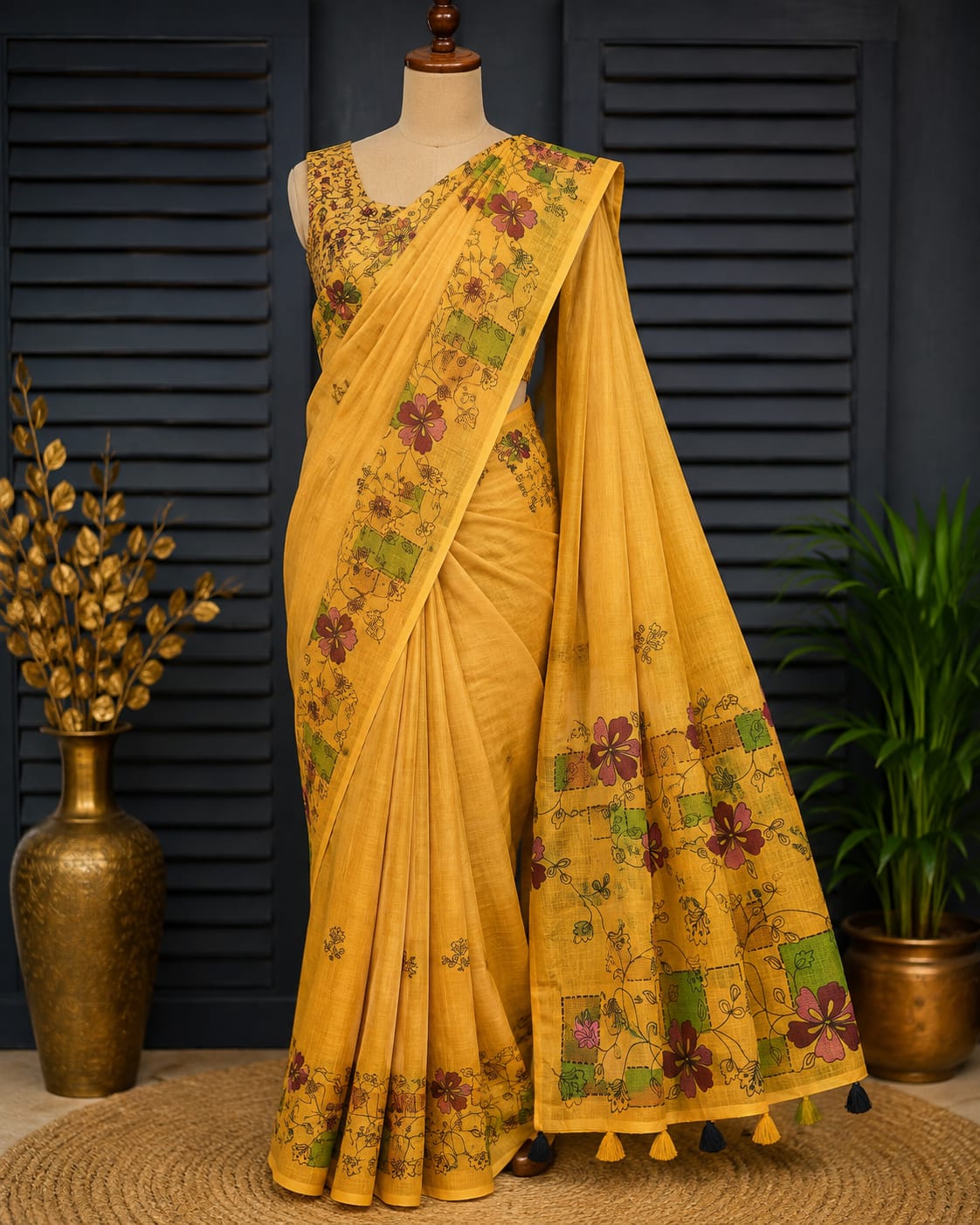 Linen cotton saree (Yellow)