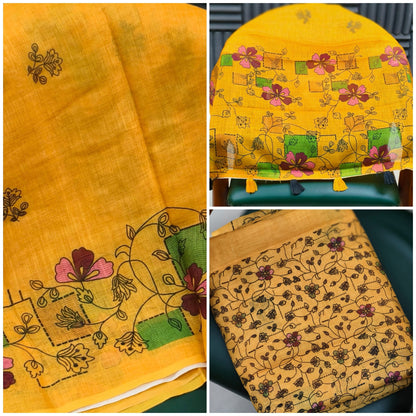 Linen cotton saree (Yellow)